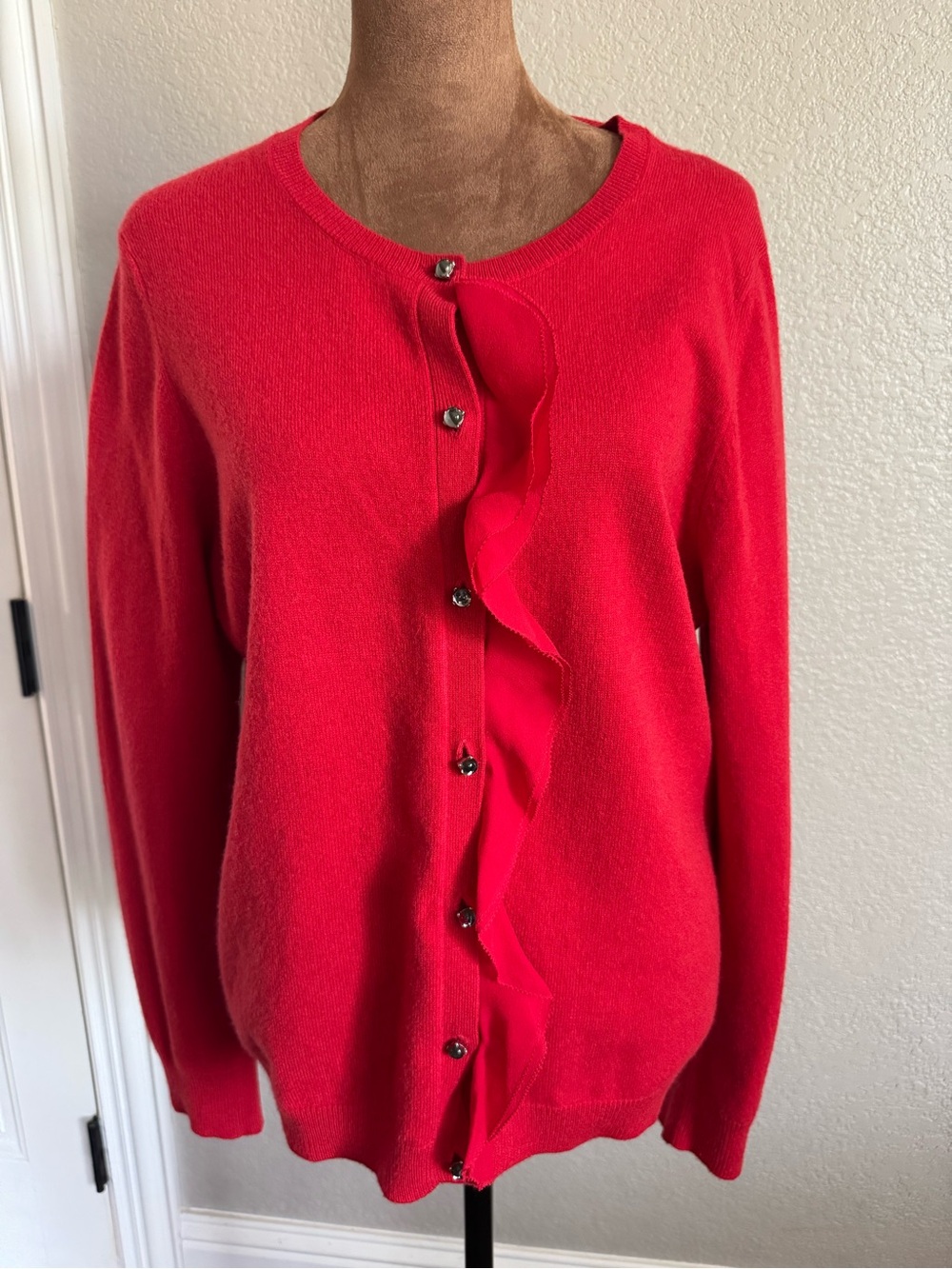 Ann Taylor 100% Cashmere Red Ruffle Front Cardigan Jeweled Buttons XL
